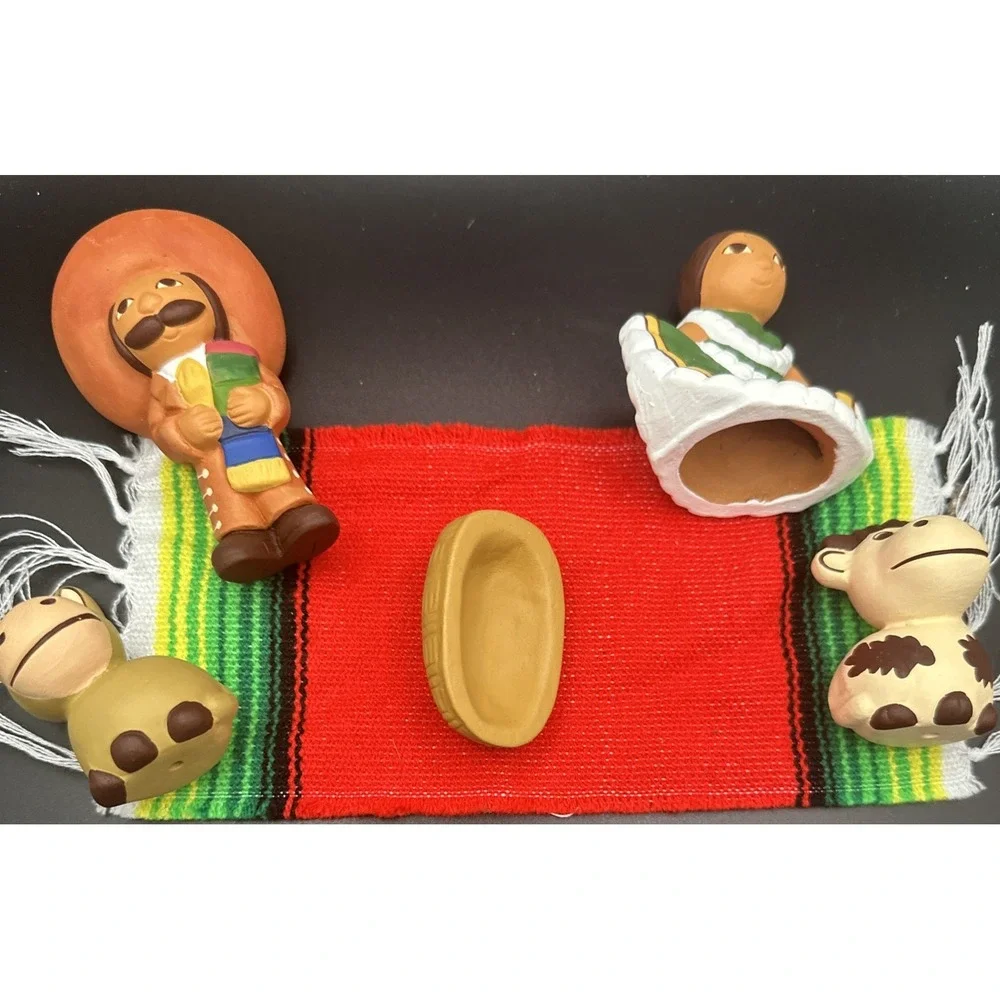 Mexican Pottery Clay Nativity Set 5 Pc Mary Joseph Baby Jesus Donkey Cow Vintage